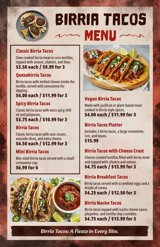 Flavorful Birria Tacos with Spicy and Vegan Options Menu Template