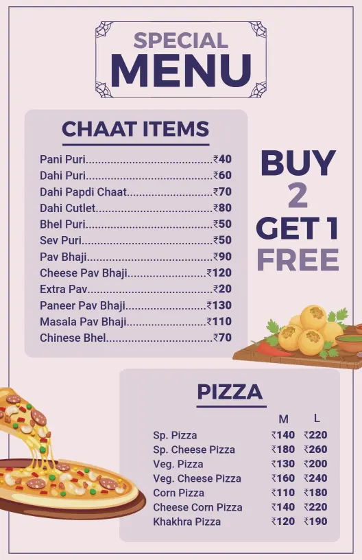 Flavorful Chaat and Pizza Delights Featuring Unique Indian Cuisine Menu Template