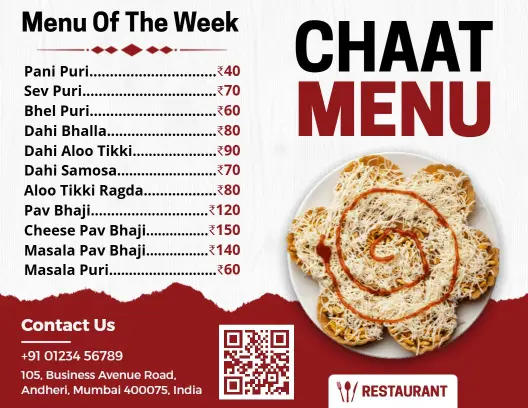 Flavorful Chaat Dishes with Spicy and Savory Options Indian Cuisine Menu Template