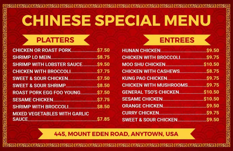 Flavorful Chicken and Shrimp Dishes with Sides Chinese Menu Template