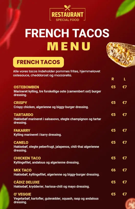 Flavorful Chicken and Veggie Taco Selections for All Tacos Menu Template