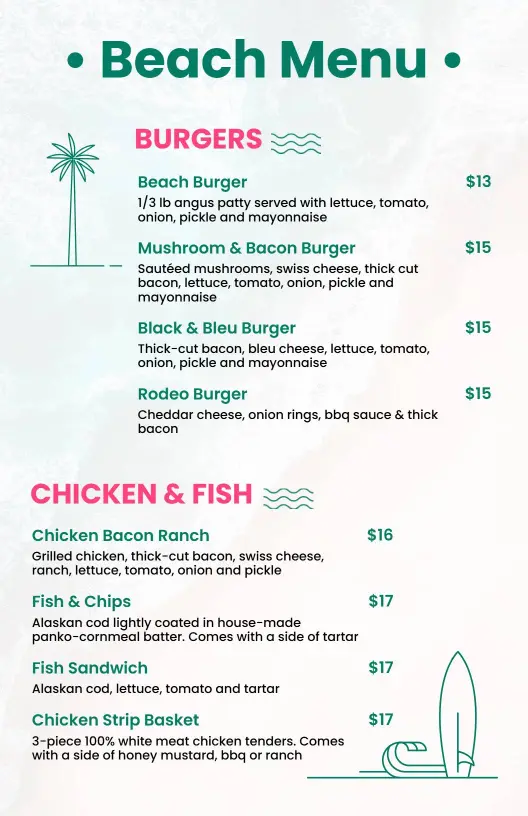 Flavorful Chicken Strips and Gourmet Burger Choices Beach Menu Template