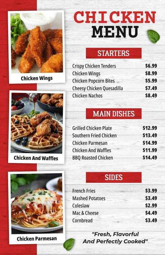 Flavorful Chicken Wings and Savory Dishes Chicken Menu Template