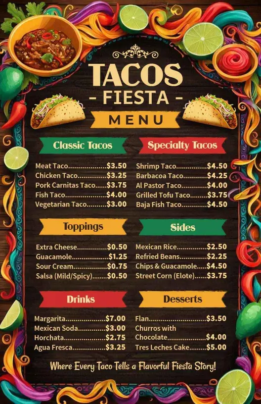Flavorful Classic and Specialty Tacos with Fresh Ingredients Menu Template