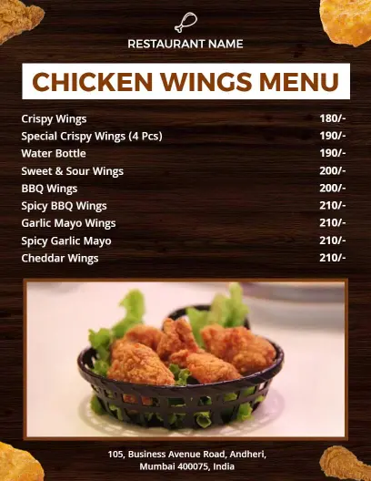 Flavorful Crispy and Spicy Chicken Wing Selections Menu Template
