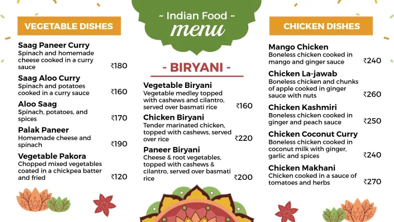Flavorful Curry Dishes and Spicy Rice Varieties Indian Cuisine Menu Template