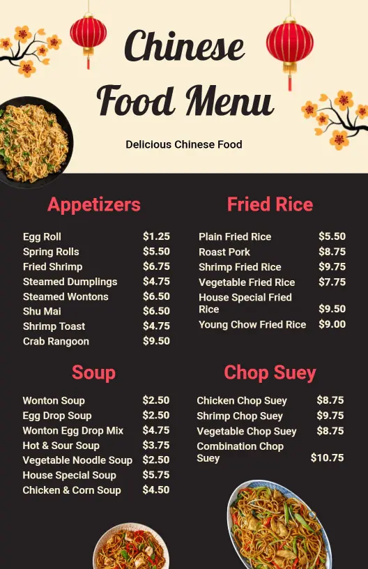 Flavorful Dim Sum and Rice Dishes Featuring Appetizers Chinese Menu Template