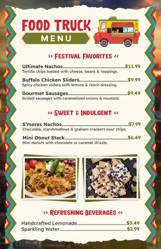 Flavorful Festival Favorites and Sweet Treats Food Truck Menu Template