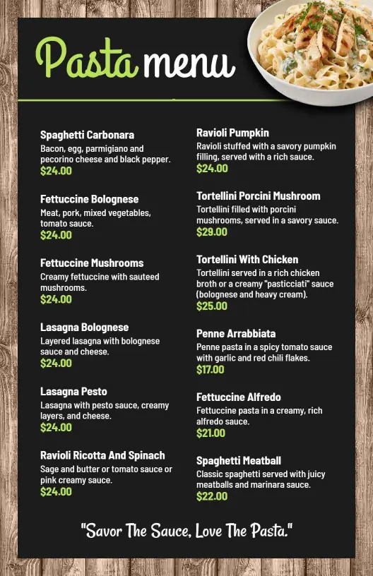 Flavorful Fettuccine and Ravioli Creations Pasta Menu Template