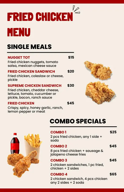 Flavorful Fried Chicken Options and Combo Selections Chicken Menu Template