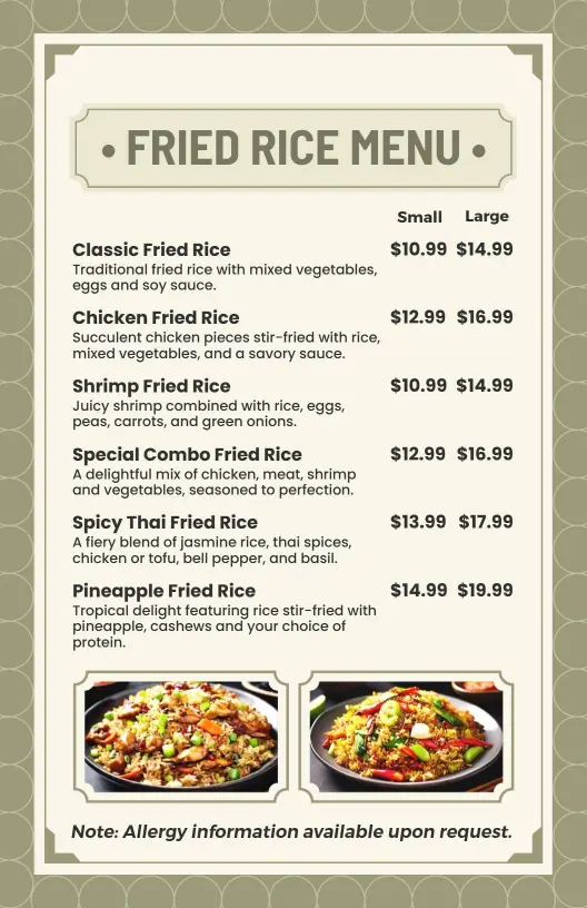 Flavorful Fried Rice Varieties with Fresh Ingredients Rice Menu Template