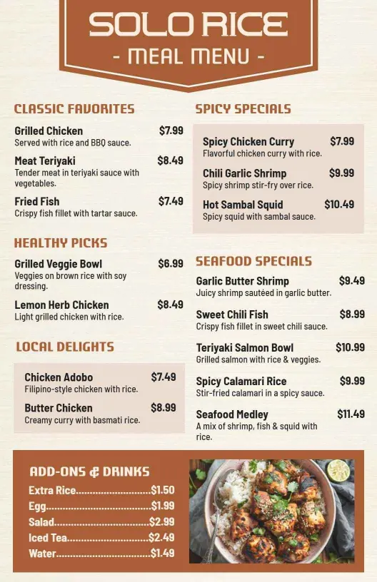 Flavorful Grilled Chicken and Curry Dishes Rice Menu Template