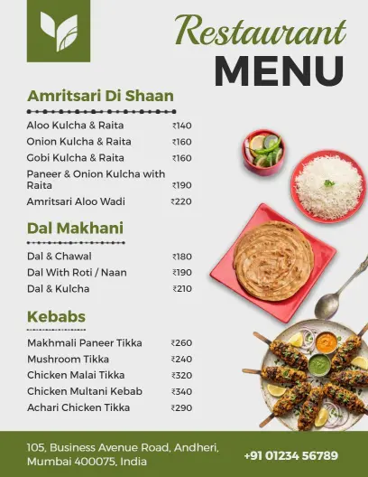 Flavorful Indian Kebabs and Rich Dal Specialties Indian Cuisine Menu Template