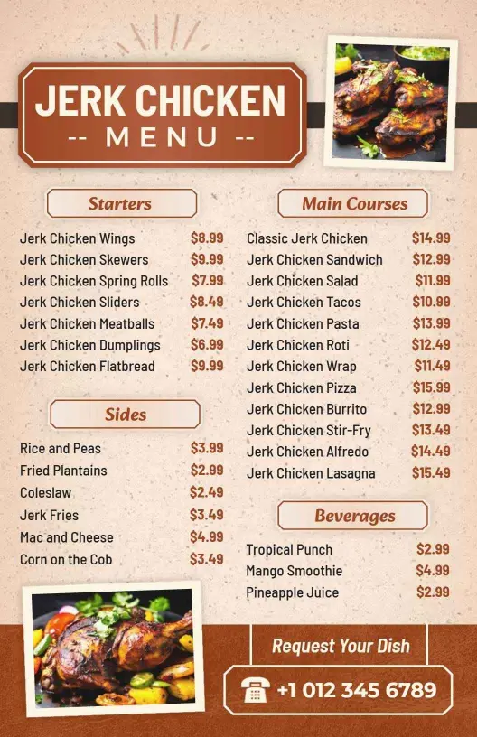Flavorful Jerk Chicken Starters, Mains, and Sides Chicken Menu Template