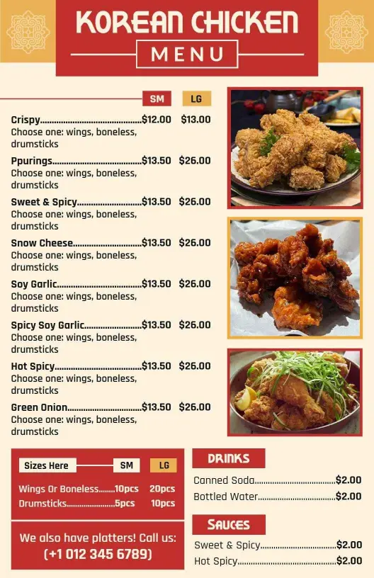 Flavorful Korean Chicken Dishes Featuring Multiple Styles Chicken Menu Template