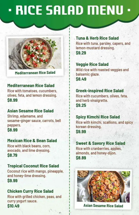 Flavorful Mediterranean and Asian Creations Rice Salad Menu Template