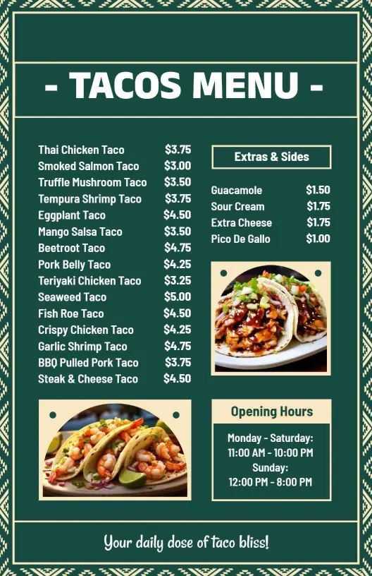 Flavorful Mexican Tacos with Unique Fillings and Sides Menu Template