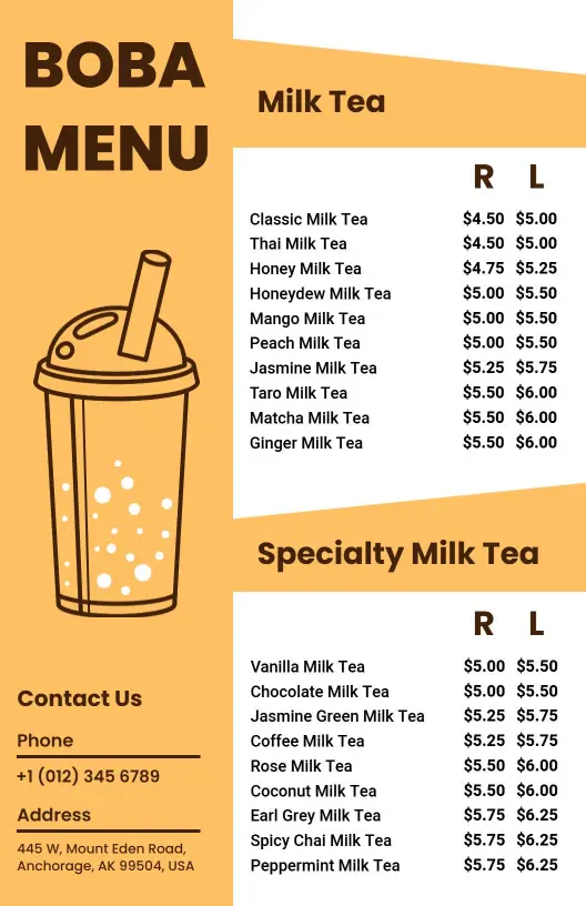 Flavorful Milk Tea and Specialty Drinks Featuring Boba Menu Template