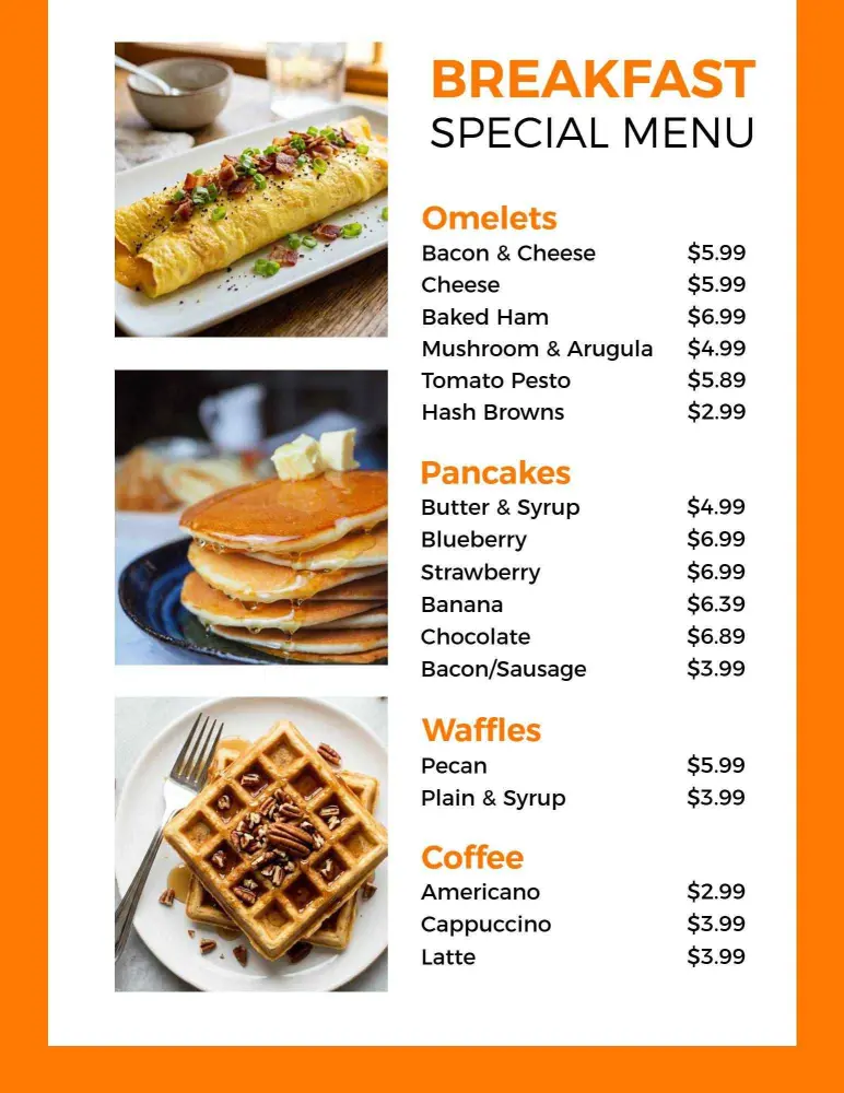 Flavorful Omelets and Pancakes for a Perfect Breakfast Menu Template