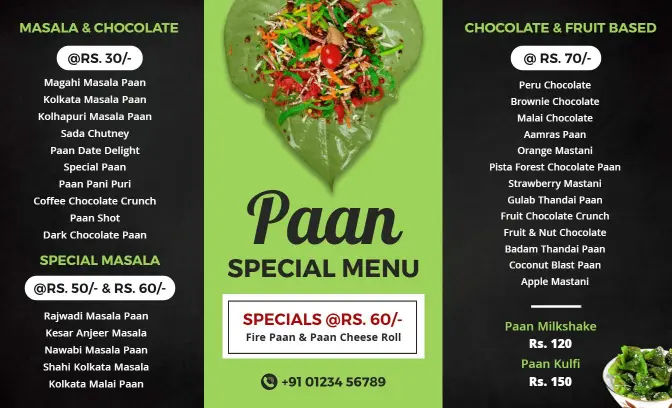 Flavorful Paan Varieties Including Special Masala and Chocolate Indian Cuisine Menu Template
