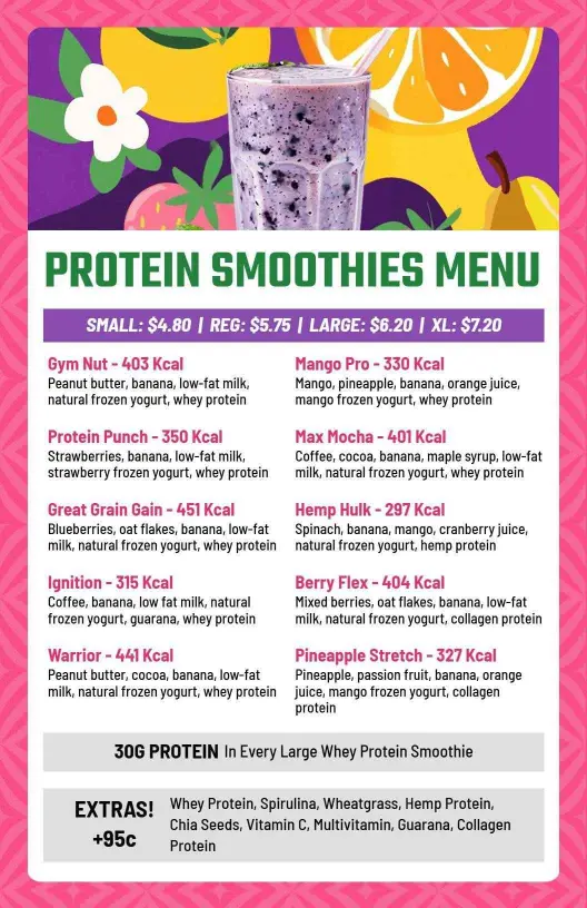 Flavorful Protein Smoothies with Fresh Fruit Drink Menu Template
