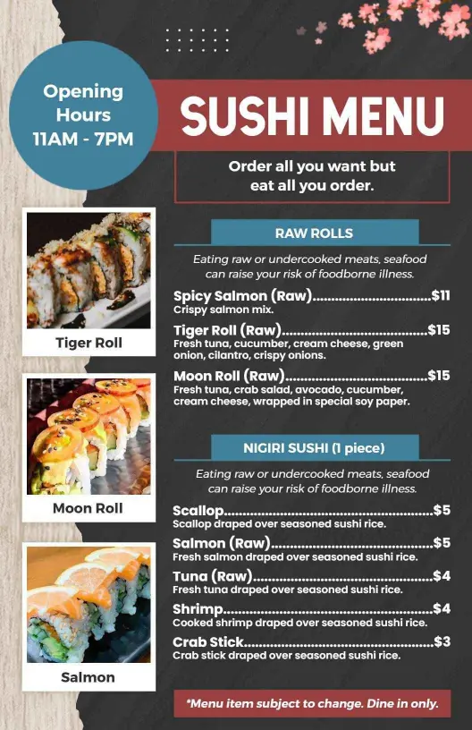 Flavorful Raw and Cooked Sushi Varieties for Your Delight Sushi Menu Template