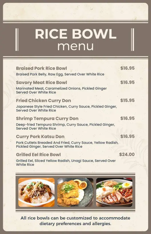 Flavorful Rice Bowl Creations with Meats and Seafood Rice Menu Template