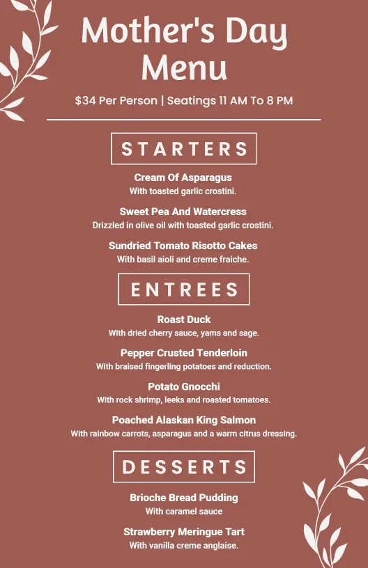 Flavorful Roasted Duck and Salmon Selections Mother's Day Menu Template