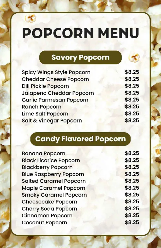Flavorful Savory and Candy Options for Delicious Popcorn Menu Template