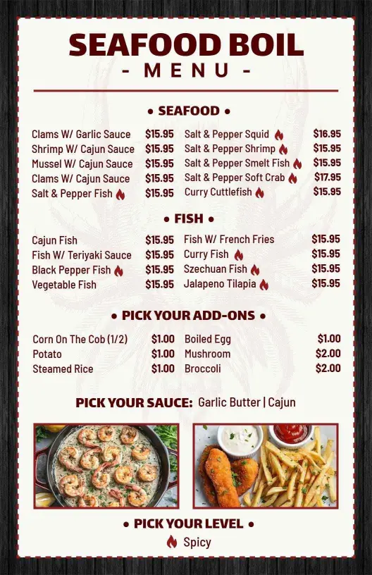 Flavorful Seafood Boil Dishes with Sauces and Fresh Picks Seafood Menu Template
