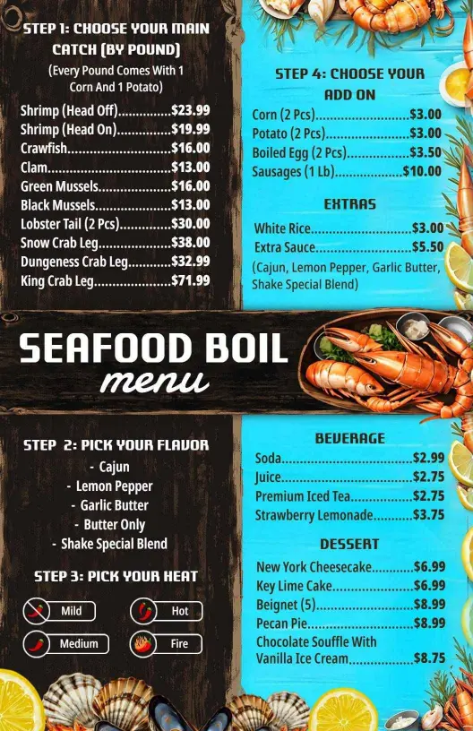 Flavorful Seafood Boil Options Featuring Cajun and Spicy Menu Template