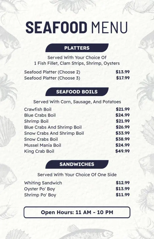 Flavorful Seafood Boils and Fresh Platters Delight Seafood Menu Template