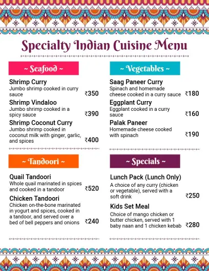 Flavorful Shrimp and Paneer Dishes with Spicy Varieties Indian Cuisine Menu Template