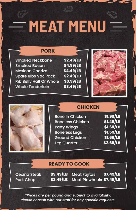 Flavorful Smoked Bacon and Tenderloin Options Meat Menu Template