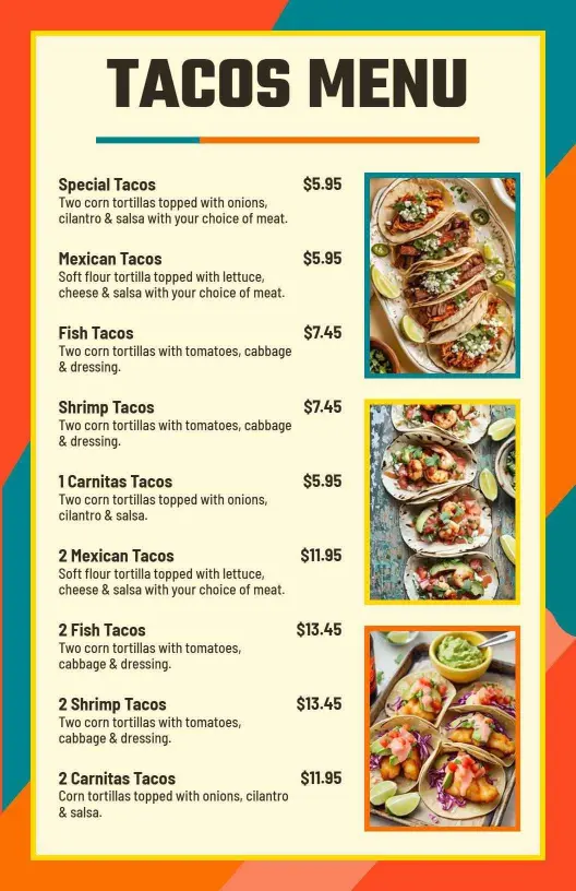 Flavorful Soft and Crispy Taco Varieties with Toppings Tacos Menu Template