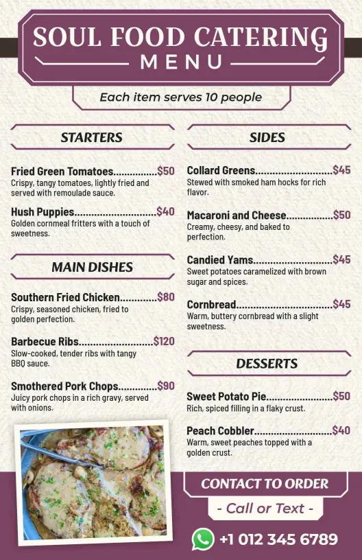 Flavorful Southern Classics with Hearty Dishes Catering Menu Template