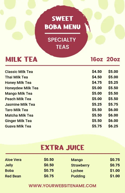 Flavorful Specialty Milk Teas and Juices Delight Boba Menu Template