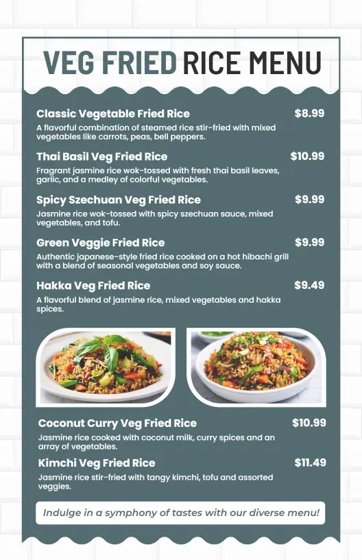Flavorful Stir-Fried Rice Selections with Vegetables Rice Menu Template