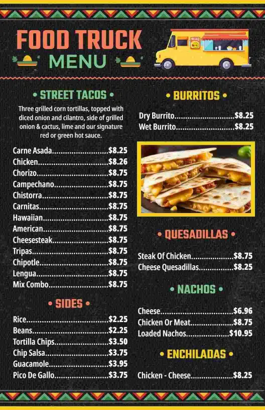 Flavorful Street Tacos and Burritos in a Vibrant Food Truck Menu Template