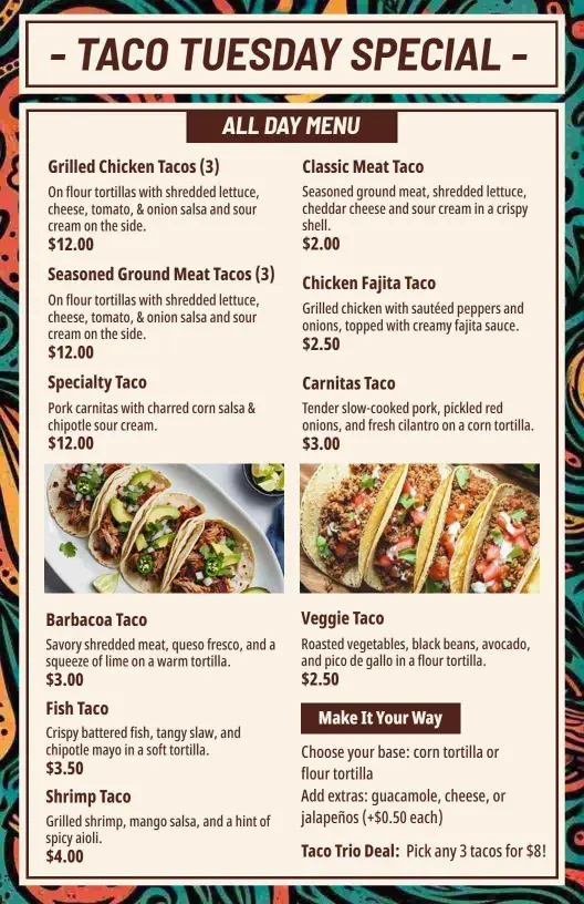 Flavorful Taco Selections Featuring Grilled and Spiced Meats Menu Template