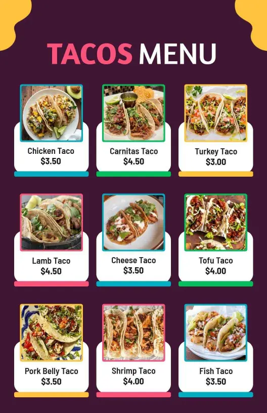 Flavorful Taco Selections with Meats and Vegetarian Options Tacos Menu Template