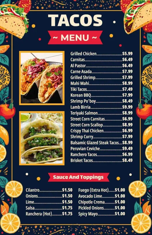 Flavorful Taco Varieties Featuring Grilled Meats and Sauces Menu Template