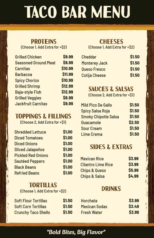 Flavorful Tacos with Delicious Proteins and Salsas Menu Template