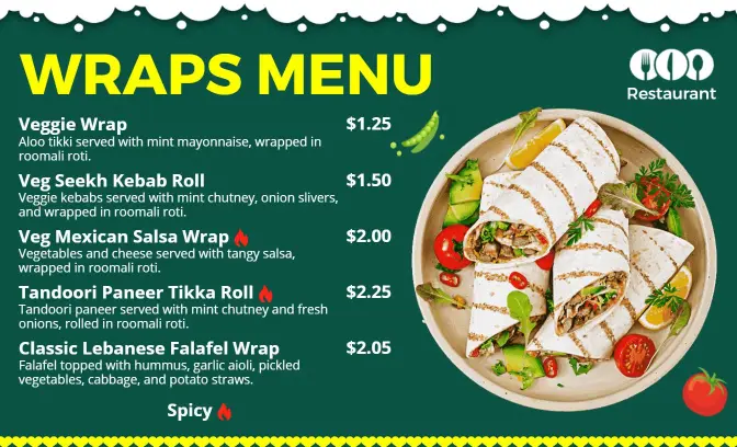 Flavorful Tandoori Paneer and Veggie Wraps Selection Food Menu Template