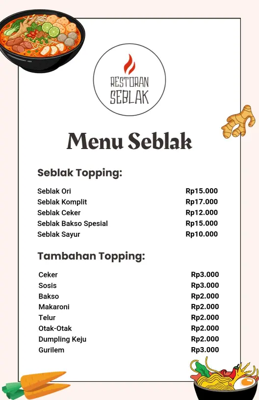 Flavorful Traditional Seblak Dishes with Unique Toppings Menu Template