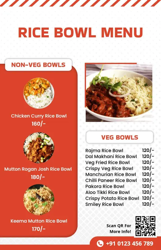 Flavorful Veg and Non-Veg Rice Bowl Selections Rice Menu Template