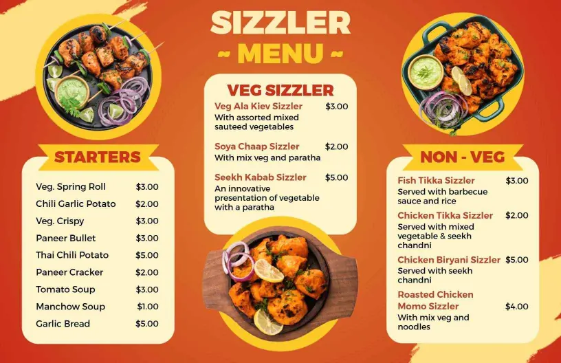 Flavorful Veg and Non-Veg Sizzlers Menu Template