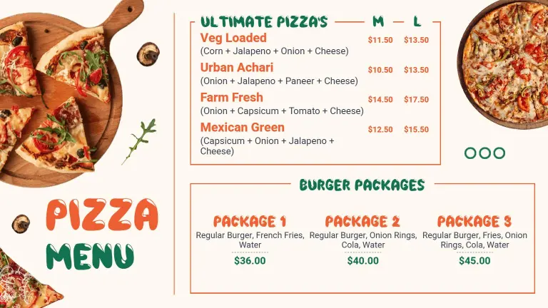 Flavorful Vegetarian and Spicy Pizzas Featuring Unique Toppings Pizza Menu Template