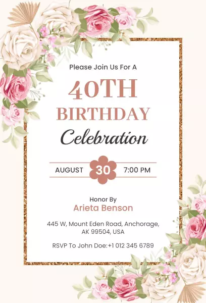 Floral 40th Birthday Celebration Elegant Invitation Template
