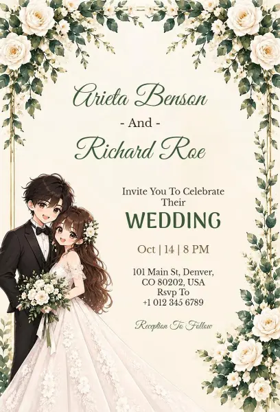 Floral Anime Wedding Celebration Invitation Template
